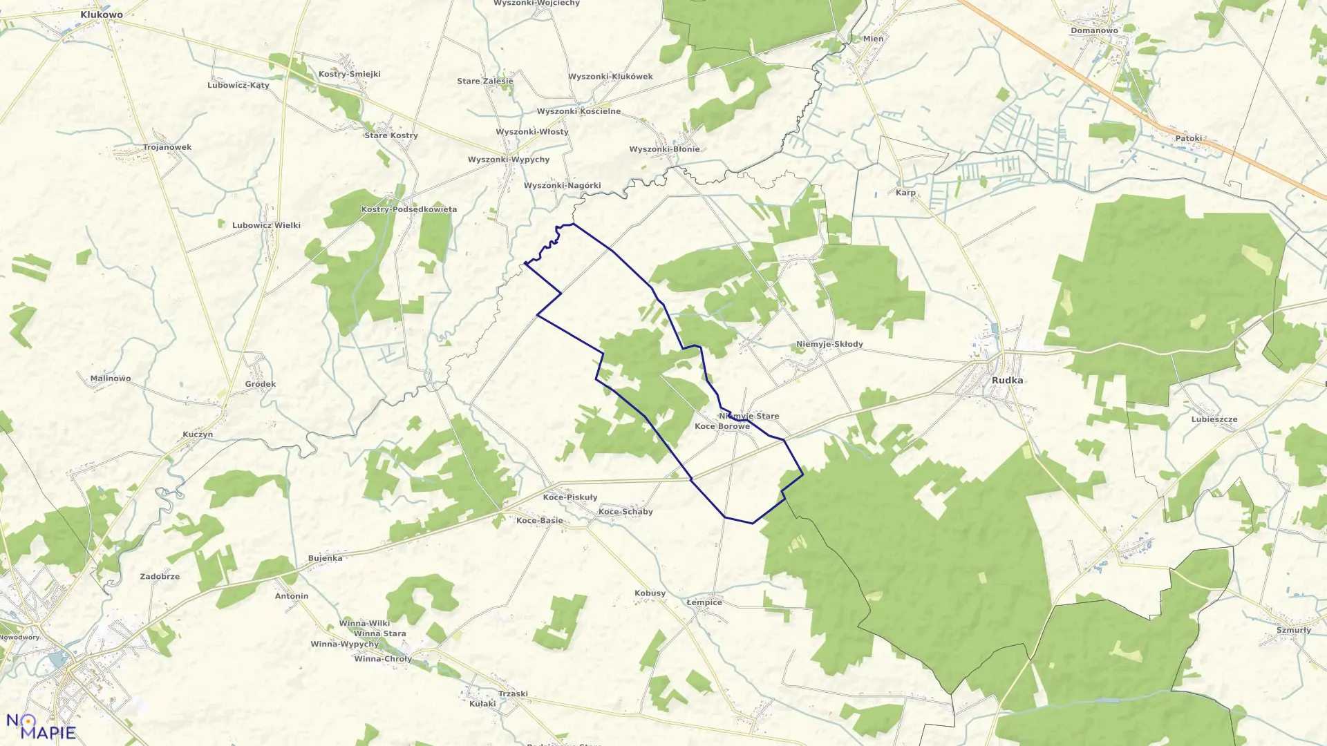 Mapa obrębu KOCE BOROWE w gminie Rudka